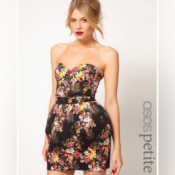 ASOS Petite Strapless Corset Floral Dress Tulle Mesh Skirt Sweetheart Padded - Picture 3 of 15